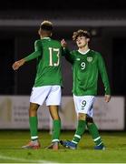 19 November 2019; Kevin Zefi of Republic of Ireland, right, is congratulated by team-mate Caden McLaughlin after scoring his side's first goal during the U15 International Friendly match between Republic of Ireland and Poland at Eamonn Deacy Park in Galway. Photo by Seb Daly/Sportsfile