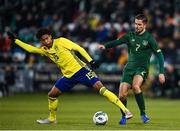 19 November 2019; Jens-Lys Michel Cajuste of Sweden in action against Zack Elbouzedi of Republic of Ireland during the UEFA European U21 Championship Qualifier match between Republic of Ireland and Sweden at Tallaght Stadium in Tallaght, Dublin. Photo by Eóin Noonan/Sportsfile