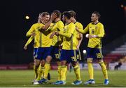 19 November 2019; Viktor Gyokeres of Sweden celebrates after scoring his side's first goal with team-mates during the UEFA European U21 Championship Qualifier match between Republic of Ireland and Sweden at Tallaght Stadium in Tallaght, Dublin. Photo by Harry Murphy/Sportsfile