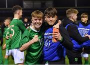 19 November 2019; Alex Nolan, left, and Justin Ferizaj of Republic of Ireland following their side's victory during the U15 International Friendly match between Republic of Ireland and Poland at Eamonn Deacy Park in Galway. Photo by Seb Daly/Sportsfile