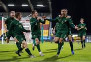 19 November 2019; Adam Idah, 9, celebrates with his Republic of Ireland team-mates after scoring their side's second goal during the UEFA European U21 Championship Qualifier match between Republic of Ireland and Sweden at Tallaght Stadium in Tallaght, Dublin. Photo by Stephen McCarthy/Sportsfile