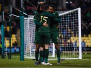 19 November 2019; Troy Parrott of Republic of Ireland celebrates after scoring his side's third goal with Zack Elbouzedi and Adam Idah during the UEFA European U21 Championship Qualifier match between Republic of Ireland and Sweden at Tallaght Stadium in Tallaght, Dublin. Photo by Harry Murphy/Sportsfile