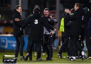 19 November 2019; Republic of Ireland manager Stephen Kenny celebrates with assistant coach Keith Andrews after his side score their third goal during the UEFA European U21 Championship Qualifier match between Republic of Ireland and Sweden at Tallaght Stadium in Tallaght, Dublin. Photo by Eóin Noonan/Sportsfile