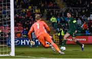 19 November 2019; Zack Elbouzedi of Republic of Ireland shoots to score his side's fourth goal during the UEFA European U21 Championship Qualifier match between Republic of Ireland and Sweden at Tallaght Stadium in Tallaght, Dublin. Photo by Harry Murphy/Sportsfile