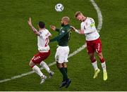 18 November 2019; David McGoldrick of Republic of Ireland and Pierre-Emile Højbjerg, left, and Simon Kjær of Denmark during the UEFA EURO2020 Qualifier - Group D match between Republic of Ireland and Denmark at Aviva Stadium in Dublin. Photo by Ben McShane/Sportsfile