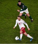 18 November 2019; Christian Eriksen of Denmark and Ciaran Clark of Republic of Ireland during the UEFA EURO2020 Qualifier - Group D match between Republic of Ireland and Denmark at Aviva Stadium in Dublin. Photo by Ben McShane/Sportsfile