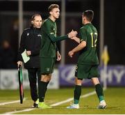 19 November 2019; Jack Taylor replaces his Republic of Ireland team-mate Jason Knight during the UEFA European U21 Championship Qualifier match between Republic of Ireland and Sweden at Tallaght Stadium in Tallaght, Dublin. Photo by Stephen McCarthy/Sportsfile