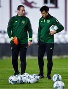 19 November 2019; Republic of Ireland coaches  William Doyle, left, and Sean St Ledger prior to the U15 International Friendly match between Republic of Ireland and Poland at Eamonn Deacy Park in Galway. Photo by Seb Daly/Sportsfile
