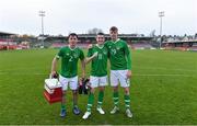 18 November 2019; Republic of Ireland players, from left, Gavin Liam O'Brien, Robert Mahon, and Evan Ferguson after the UEFA Under-17 European Championship Qualifier match between Republic of Ireland and Israel at Turner's Cross in Cork. Photo by Piaras Ó Mídheach/Sportsfile