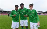 18 November 2019; Republic of Ireland players, from left, Omotayo Adaramola, Mohammed Olabosun Lawal, and Oliver O'Neill celebrate after the UEFA Under-17 European Championship Qualifier match between Republic of Ireland and Israel at Turner's Cross in Cork. Photo by Piaras Ó Mídheach/Sportsfile
