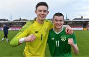 18 November 2019; Republic of Ireland players Daniel Rose, left, and Robert Mahon celebrate after the UEFA Under-17 European Championship Qualifier match between Republic of Ireland and Israel at Turner's Cross in Cork. Photo by Piaras Ó Mídheach/Sportsfile