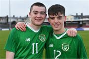 18 November 2019; Republic of Ireland players Robert Mahon, left, and Andrew Moran celebrate the UEFA Under-17 European Championship Qualifier match between Republic of Ireland and Israel at Turner's Cross in Cork. Photo by Piaras Ó Mídheach/Sportsfile