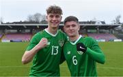 18 November 2019; Republic of Ireland players Daragh Reilly, left, and Kyle Martin-Conway celebrate after the UEFA Under-17 European Championship Qualifier match between Republic of Ireland and Israel at Turner's Cross in Cork. Photo by Piaras Ó Mídheach/Sportsfile