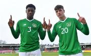 18 November 2019; Republic of Ireland players Omotayo Adaramola, left, and Kailin Barlow celebrate after the UEFA Under-17 European Championship Qualifier match between Republic of Ireland and Israel at Turner's Cross in Cork. Photo by Piaras Ó Mídheach/Sportsfile
