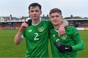 18 November 2019; Republic of Ireland players Gavin Liam O'Brien, left, and Kyle Martin-Conway celebrate after the UEFA Under-17 European Championship Qualifier match between Republic of Ireland and Israel at Turner's Cross in Cork. Photo by Piaras Ó Mídheach/Sportsfile