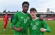 18 November 2019; Republic of Ireland players Mohammed Olabosun Lawal, left, and Kailin Barlow celebrate after the UEFA Under-17 European Championship Qualifier match between Republic of Ireland and Israel at Turner's Cross in Cork. Photo by Piaras Ó Mídheach/Sportsfile