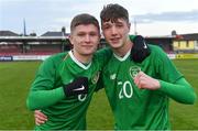 18 November 2019; Republic of Ireland Kyle Martin-Conway, left, and Kailin Barlow celebrate after the UEFA Under-17 European Championship Qualifier match between Republic of Ireland and Israel at Turner's Cross in Cork. Photo by Piaras Ó Mídheach/Sportsfile