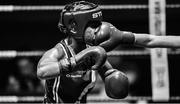 20 November 2019; (EDITORS NOTE: Image has been shot in black and white. Color version not available.) Sara Haghighat-joo of St Brigids, Edenderry, Co Offaly, is punched by Shauna Blaney of Navan, Co Meath, in their 54kg bout during the IABA Irish National Elite Boxing Championships at the National Stadium in Dublin. Photo by Piaras Ó Mídheach/Sportsfile