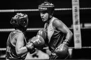20 November 2019; (EDITORS NOTE: Image has been shot in black and white. Color version not available.) Sara Haghighat-joo of St Brigids, Edenderry, Co Offaly, right, in action against Shauna Blaney of Navan, Co Meath, in their 54kg bout during the IABA Irish National Elite Boxing Championships at the National Stadium in Dublin. Photo by Piaras Ó Mídheach/Sportsfile