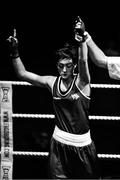 20 November 2019; (EDITORS NOTE: Image has been shot in black and white. Color version not available.) Ceire Smith of Cavan celebrates after beating Nycole Hayes of Togher, Co Cork, in their 51kg bout during the IABA Irish National Elite Boxing Championships at the National Stadium in Dublin. Photo by Piaras Ó Mídheach/Sportsfile