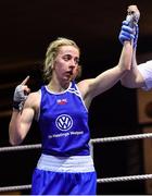 20 November 2019; Shannon Sweeney of St Annes, Co Mayo, celebrates beating Chloe Fleck of Canal Boxing Club, Lisburn, in their 48kg bout during the IABA Irish National Elite Boxing Championships at the National Stadium in Dublin. Photo by Piaras Ó Mídheach/Sportsfile