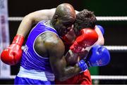 20 November 2019; Kenneth Okungbowa of Athlone, Co Westmeath, left, in action against Thomas Carthy of Crumlin, Co Dublin, in their 91+kg bout during the IABA Irish National Elite Boxing Championships at the National Stadium in Dublin. Photo by Piaras Ó Mídheach/Sportsfile