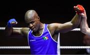 20 November 2019; Kenneth Okungbowa of Athlone, Co Westmeath, celebrates beating Thomas Carthy of Crumlin, Co Dublin, in their 91+kg bout during the IABA Irish National Elite Boxing Championships at the National Stadium in Dublin. Photo by Piaras Ó Mídheach/Sportsfile