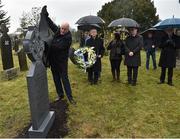 21 November 2019; Uachtarán Cumann Lúthchleas Gael John Horan, left, unveils the headstone of Jerome O’Leary with Monsignor Eoin Thynne, centre, and Ard Stiúrthóir of the GAA Tom Ryan during the unveiling of headstones on the graves of Jerome O’Leary, 10, Michael Feery, 40, and Patrick O’Dowd, 57, who are among the 14 people killed at Croke Park on this day 99 years ago on what became known as Bloody Sunday. These unveilings complete the list of seven Bloody Sunday victims who until recently had all been buried in unmarked graves at different locations at Glasnevin Cemetery in Dublin. Photo by Matt Browne/Sportsfile