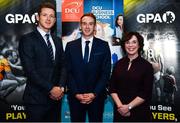 21 November 2019; Former Roscommon footballer Paul Gleeson, centre, is joined by Paul Flynn, GPA CEO, and Professor Barbara Flood, DCU Business School, at the announcement of the 10th year of DCU Business School and GPA Scholarships, at DCU Business School in Dublin City University, Dublin. Photo by Seb Daly/Sportsfile