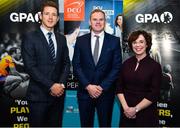 21 November 2019; Former Dublin footballer Mark Vaughan, centre, is joined by Paul Flynn, GPA CEO, and Professor Barbara Flood, DCU Business School, at the announcement of the 10th year of DCU Business School and GPA scholarships, at DCU Business School in Dublin City University, Dublin. Photo by Seb Daly/Sportsfile