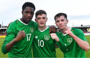 18 November 2019; Republic of Ireland players, from left, Mohammed Olabosun Lawal, Ben McCormack, and Gavin Liam O'Brien celebrate after the UEFA Under-17 European Championship Qualifier match between Republic of Ireland and Israel at Turner's Cross in Cork. Photo by Piaras Ó Mídheach/Sportsfile