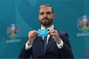 22 November 2019; Former Greek International Angelos Charisteas draws out the card of Semi-Final 1 during the UEFA EURO 2020 Play-Off Draw at UEFA Headquarters in Nyon, Switzerland. Photo by UEFA via Sportsfile