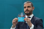 22 November 2019; Former Greek International Angelos Charisteas draws out the card of Semi-Final 1 during the UEFA EURO 2020 Play-Off Draw at UEFA Headquarters in Nyon, Switzerland. Photo by UEFA via Sportsfile