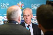 22 November 2019; Republic of Ireland manager Mick McCarthy is interviewed following the UEFA EURO 2020 Play-Off Draw at UEFA Headquarters in Nyon, Switzerland. Photo by UEFA via Sportsfile