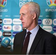 22 November 2019; Republic of Ireland manager Mick McCarthy is interviewed following the UEFA EURO 2020 Play-Off Draw at UEFA Headquarters in Nyon, Switzerland. Photo by UEFA via Sportsfile