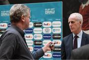 22 November 2019; Republic of Ireland manager Mick McCarthy is interviewed by Paul Rowan of The Sunday Times following the UEFA EURO 2020 Play-Off Draw at UEFA Headquarters in Nyon, Switzerland. Photo by UEFA via Sportsfile