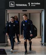 22 November 2019; Luke McGrath, left, and Josh van der Flier of Leinster on their arrival in Lyon-Saint Exupéry Airport ahead of their Heineken Champions Cup match against Lyon on Saturday. Photo by Ramsey Cardy/Sportsfile