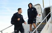 22 November 2019; Jordan Larmour, left, and Garry Ringrose of Leinster on their arrival in Lyon-Saint Exupéry Airport ahead of their Heineken Champions Cup match against Lyon on Saturday. Photo by Ramsey Cardy/Sportsfile