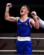 22 November 2019; Sean Mari of Monkstown, Co Dublin, reacts after beating Ricky Nesbitt of Holy Family Drogheda, Co Louth, in their 49kg bout during the IABA Irish National Elite Boxing Championships Finals at the National Stadium in Dublin. Photo by Piaras Ó Mídheach/Sportsfile
