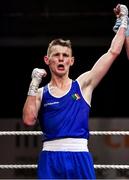 22 November 2019; Brandon McCarthy of St Michael's Athy, Co Kildare, celebrates beating Barry McReynolds of Holy Trinity, Co Antrim, in their 60kg bout during the IABA Irish National Elite Boxing Championships Finals at the National Stadium in Dublin. Photo by Piaras Ó Mídheach/Sportsfile