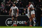 22 November 2019; John Cooney of Ulster, far right, celebrates after scoring his side's second try with Eric O'Sullivan during the Heineken Champions Cup Pool 3 Round 2 match between Ulster and ASM Clermont Auvergne at the Kingspan Stadium in Belfast. Photo by Sam Barnes/Sportsfile