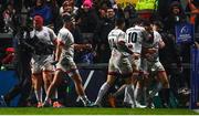 22 November 2019; John Cooney of Ulster, far right, celebrates after scoring his side's second try with team-mates during the Heineken Champions Cup Pool 3 Round 2 match between Ulster and ASM Clermont Auvergne at the Kingspan Stadium in Belfast. Photo by Sam Barnes/Sportsfile