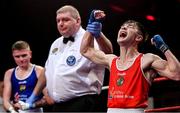 22 November 2019; Jude Gallagher of Two Castles, Co Tyrone, celebrates beating Regan Buckley of St Teresa’s, Co Wicklow, in their 52kg bout during the IABA Irish National Elite Boxing Championships Finals at the National Stadium in Dublin. Photo by Piaras Ó Mídheach/Sportsfile