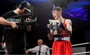 22 November 2019; Jude Gallagher of Two Castles, Co Tyrone, celebrates beating Regan Buckley of St Teresa’s, Co Wicklow, in their 52kg bout during the IABA Irish National Elite Boxing Championships Finals at the National Stadium in Dublin. Photo by Piaras Ó Mídheach/Sportsfile