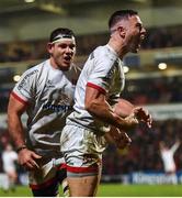22 November 2019; John Cooney of Ulster celebrates after scoring his side's second try during the Heineken Champions Cup Pool 3 Round 2 match between Ulster and ASM Clermont Auvergne at Kingspan Stadium in Belfast. Photo by Oliver McVeigh/Sportsfile