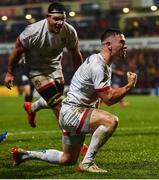 22 November 2019; John Cooney of Ulster celebrates after scoring his side's second try during the Heineken Champions Cup Pool 3 Round 2 match between Ulster and ASM Clermont Auvergne at Kingspan Stadium in Belfast. Photo by Oliver McVeigh/Sportsfile