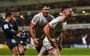 22 November 2019; John Cooney of Ulster celebrates after scoring his side's second try during the Heineken Champions Cup Pool 3 Round 2 match between Ulster and ASM Clermont Auvergne at Kingspan Stadium in Belfast. Photo by Oliver McVeigh/Sportsfile