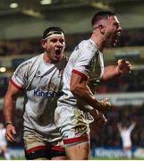 22 November 2019; John Cooney of Ulster celebrates with Marcell Coetzee after scoring his side's second try during the Heineken Champions Cup Pool 3 Round 2 match between Ulster and ASM Clermont Auvergne at Kingspan Stadium in Belfast. Photo by Oliver McVeigh/Sportsfile