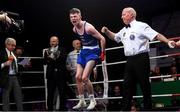 22 November 2019; Dean Clancy of Sean McDermott, Co Leitrim, celebrates after beating Patryk Adamus of Drimnagh, Co Dublin, in their 57kg bout during the IABA Irish National Elite Boxing Championships Finals at the National Stadium in Dublin. Photo by Piaras Ó Mídheach/Sportsfile