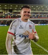 22 November 2019; Jacob Stockdale of Ulster celebrates after the Heineken Champions Cup Pool 3 Round 2 match between Ulster and ASM Clermont Auvergne at Kingspan Stadium in Belfast. Photo by Oliver McVeigh/Sportsfile